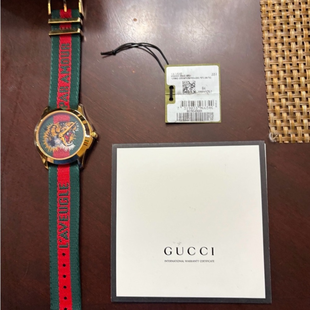 Gucci Green and Red Watch with Striped Fabric Strap